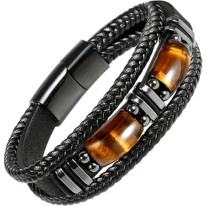 A handcrafted men's bracelet made of tiger eye stone and black leather, featuring an elegant and stylish design, perfect for daily wear, celebrations, birthdays, and as a Valentine's Day gift
