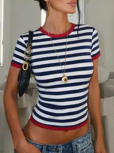 Women's Blue Striped Knit Short Sleeve Top, Casual Fashion Shirt, Ideal for Daily Outdoor Wear, Summer Women's Clothing