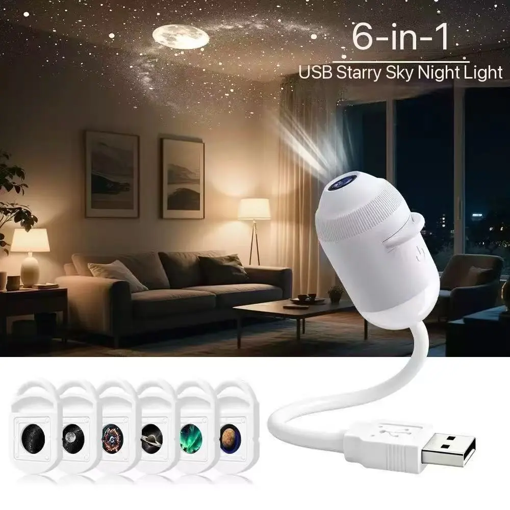 2-in-1 USB Star Projector Night Light, Flexible Gooseneck Mini Galaxy Lamp with 3 Interchangeable Projection Slides, Portable Soft Ambient Light for Bedroom, Car, Desk & Travel Home Decor