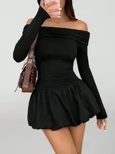 Women's Solid Color Off-Shoulder Long Sleeve Waist-Fitted Bubble Skirt Mini Dress, Casual Chic Short Dress, Perfect For Club & Date Night