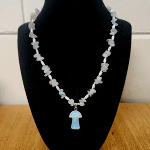 Handmade Crystal Necklace made from Rose Quartz, Aquamarine, and Mother of Pearl Shell with a beautiful Opal Mushroom Pendant