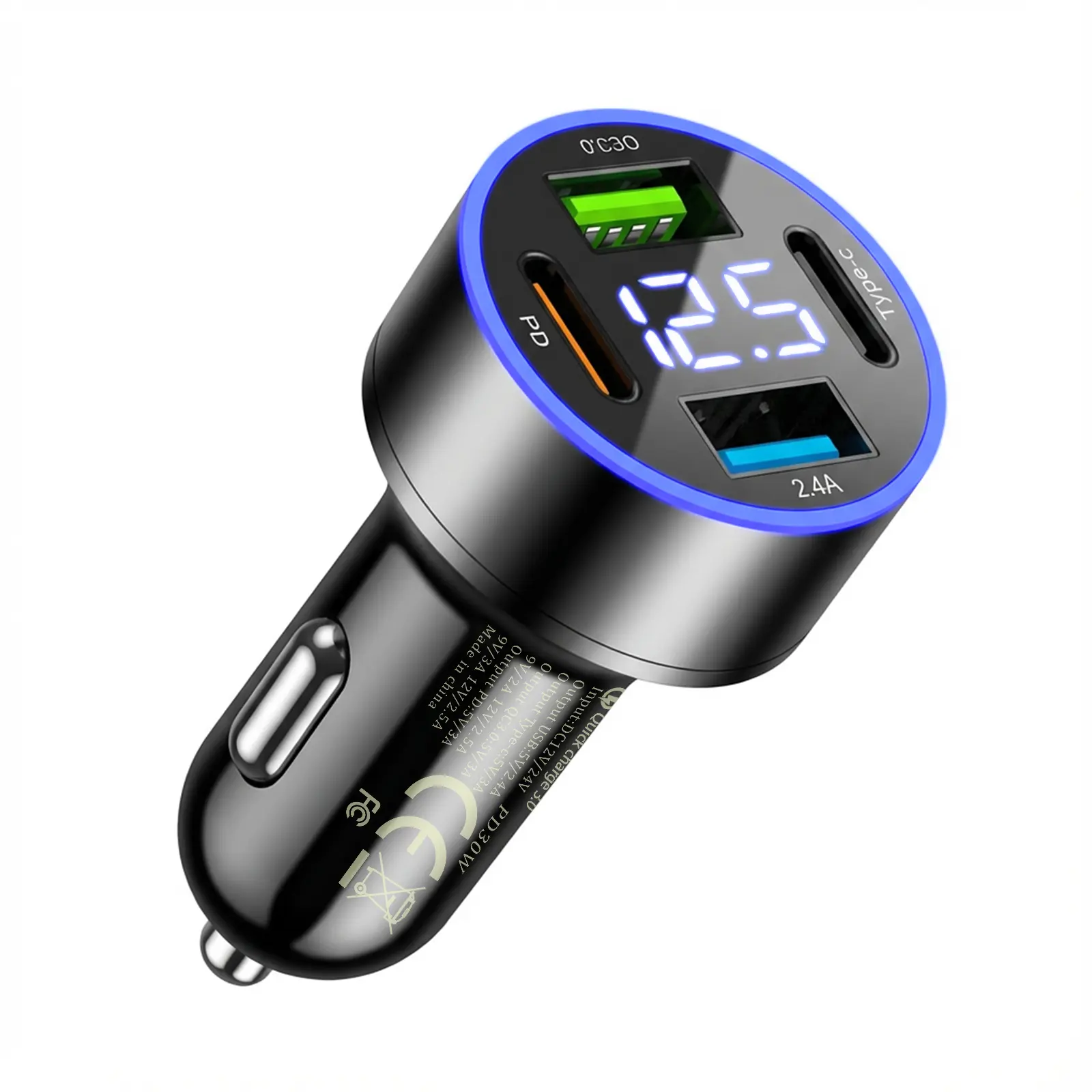 4-In-1 Fastcharging Multi-Port Car Charger Adapter - PD 30W+QC 3.0, 4-Port (2 USB-A+2 USB-C) Cigarette Lighter Adapter with LED Voltage Display, Universal In-Car Charging Digital Media Player Accessories, Car Interior Accessories, Multi-Port Car Charger D