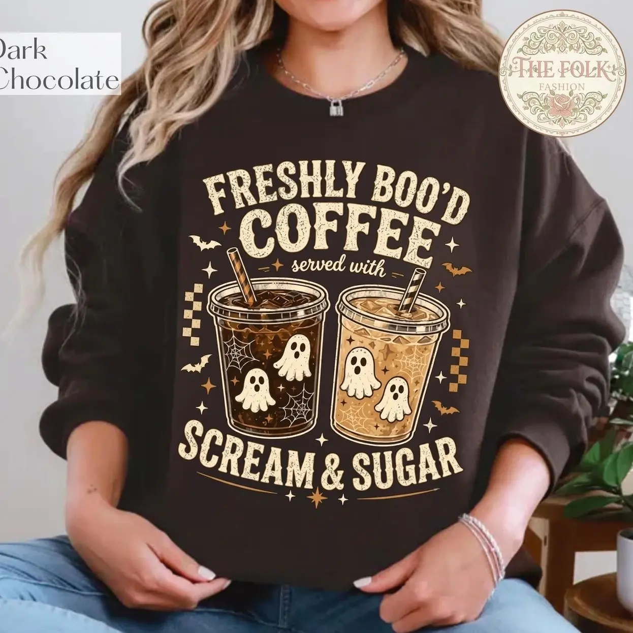 Scream and Sugar Sweatshirt, Cute Ghost Coffee Crewneck, Retro Freshly Brood Funny Halloween Sweater, Spooky Season Coffee Lover Graphic Tee, Fall Autumn Ghostly Apparel, Vintage Style, Cozy Comfort, Gift for Women & Men