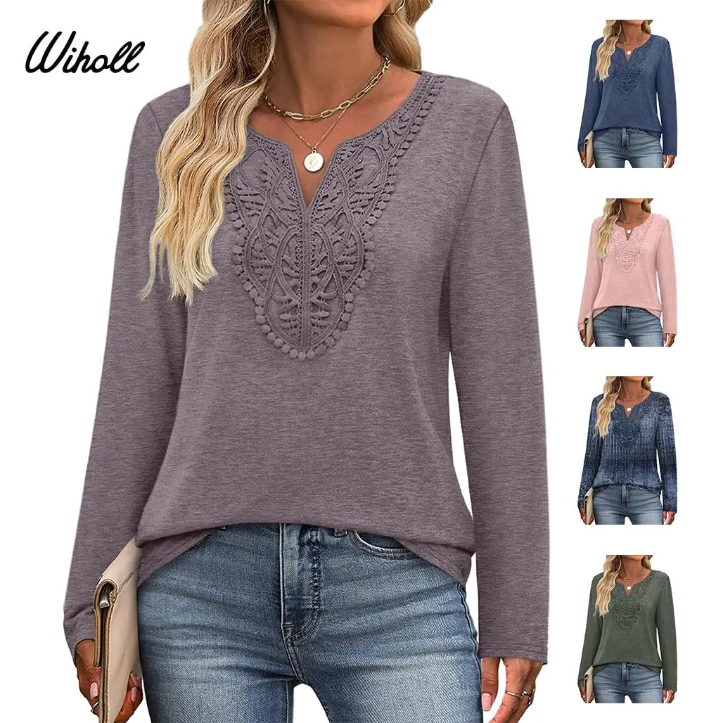 WIHOLL Women's Elegant Boho Long Sleeve Tunic, Lace V-Neck Blouse for Everyday Dressy Casual & Work Outfits, Chic, Comfortable, Longsleeves, Fashion, Office Ootd, Ootd Ideas, Basic, Dress Casual