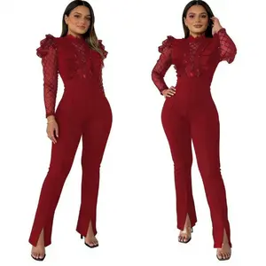 Fashionable StyleUnique Polyester Knit Fabric Jumpsuit with Color-Block Lace Details, Stand Collar, Flared Legs, and Side Slits, Solid Color, All-Season Adult Clothing, Comfortable Fashion|Elegant Mesh Details|Complex lace overalls