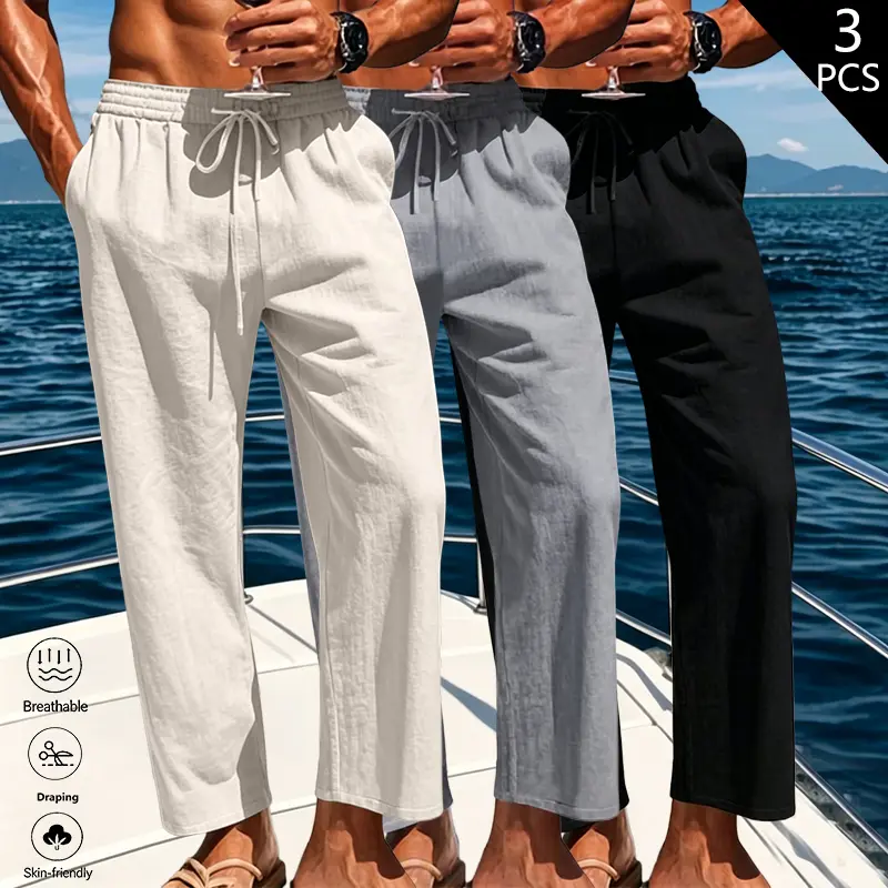 Clean Gent 3-Pack Men’s Casual Loose Pants — skin-friendly, breathable, soft, and comfortable fabric; relaxed fit with pockets; stylish for spring/autumn outdoor wear; drawstring elastic waistband design; trendy classic silhouette; solid color minimalist
