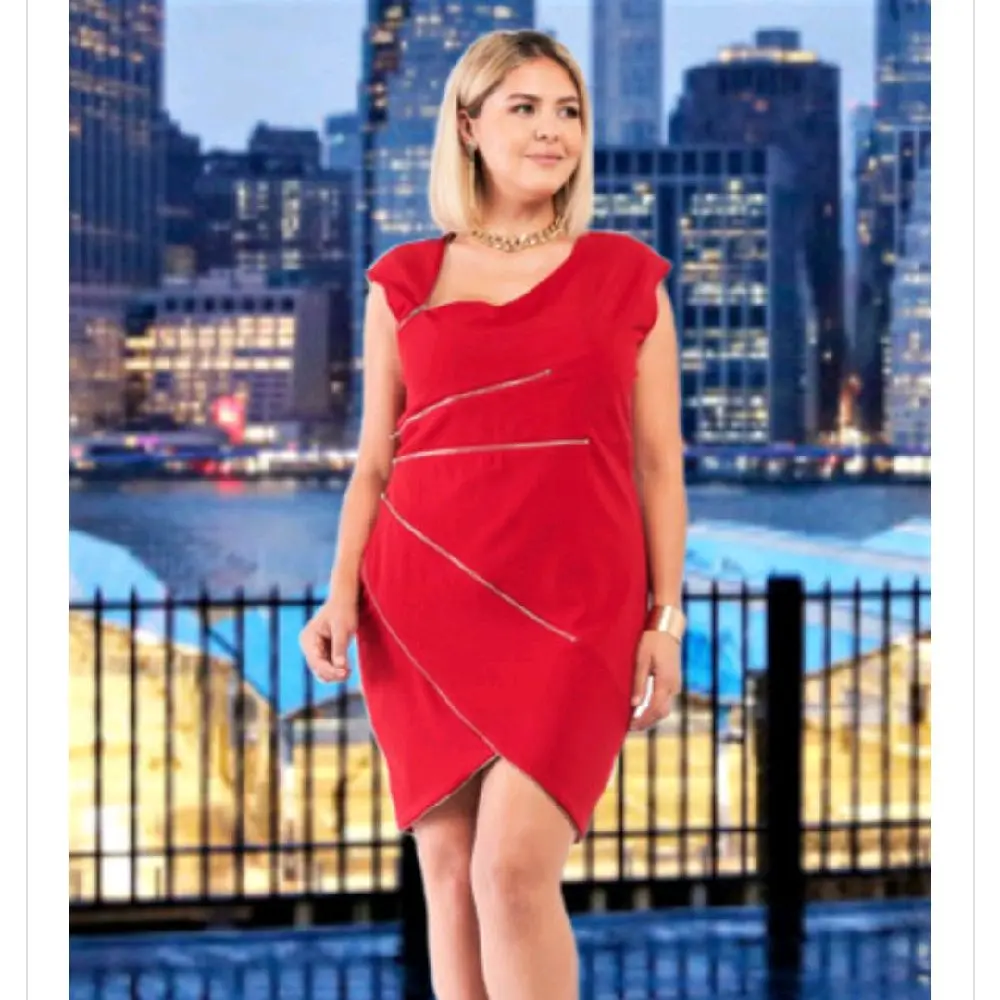 Edgy Plus Size Zipper Bodycon Dress in Red - Casual Women's Wear - Womenswear