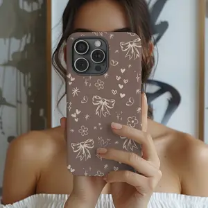 Coquette Bow Phone Case, Brown & Beige Aesthetic, Soft Girl Era Premium Film 2 in 1 Phone Case - Durable, Shock Absorbing and Stylish Protection - Compatible with iPhone 16, 15, 14, 13, 12, 11, Plus, Pro, Pro Max, Perfect birthday gift for friends.