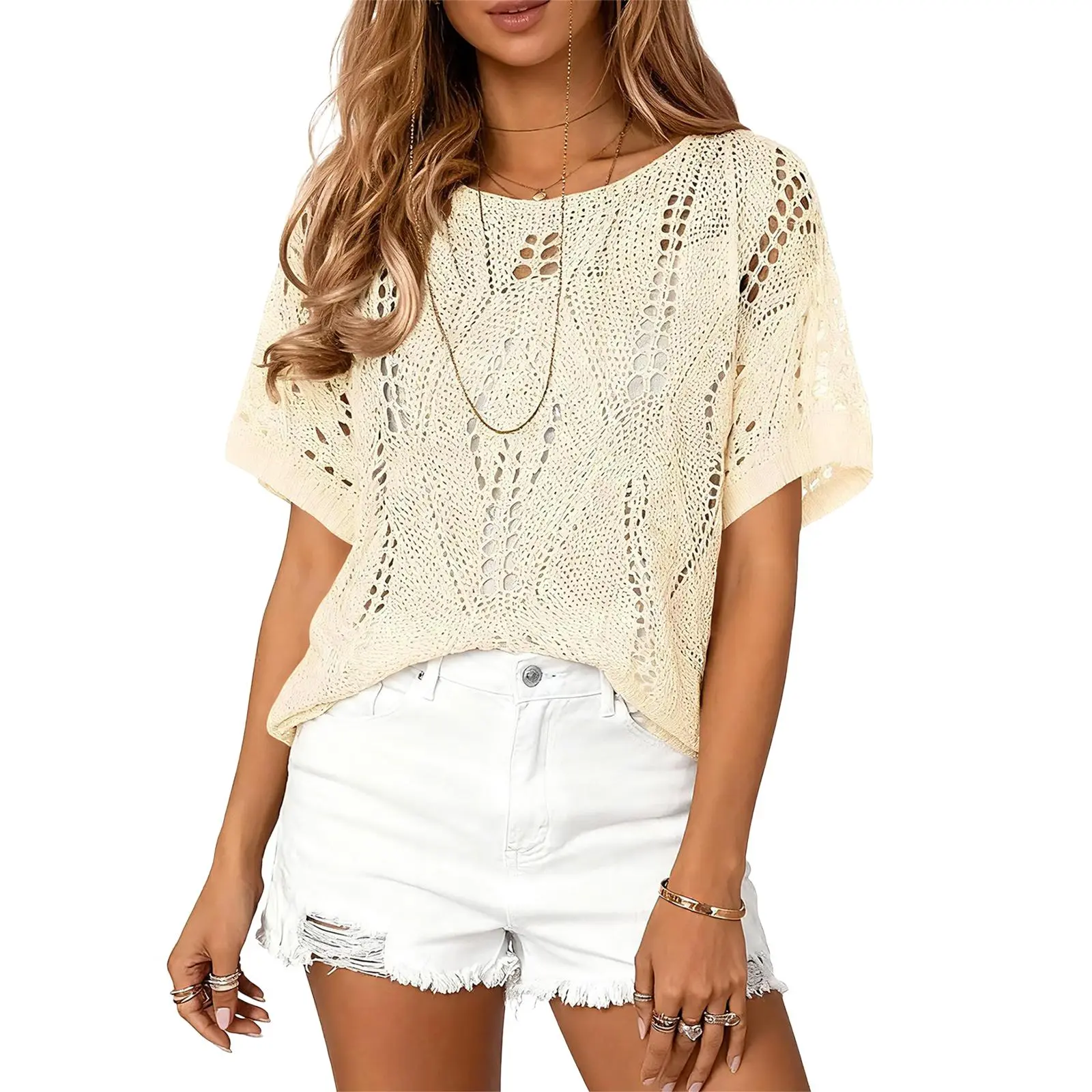 Eytino Women's Plus Size Crochet Hollow Out Half Sleeve Summer Sweater(1X-5X) Eytino Women's Plus Size Crochet Hollow Out Half Sleeve Summer Sweater(1X-5X)
