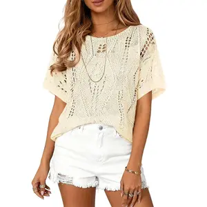Eytino Women's Plus Size Crochet Hollow Out Half Sleeve Summer Sweater(1X-5X)