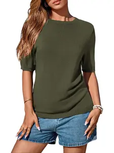 BTFBM Women's Short Sleeve Sweater Spring Tops Crew Neck Lightweight Pullover Loose Dressy Casual Blouse 100% Viscose Basic Clothes