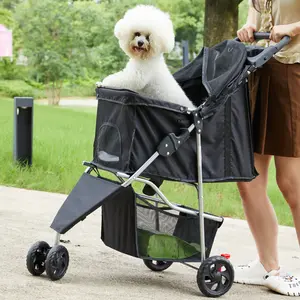 Black Foldable Pet Stroller with Weather Cover – 3-Wheel Pet Strolling Cart for Small/Medium Dogs & Cats, Breathable Mesh, Storage Basket & Cup Holder, All-Season Use