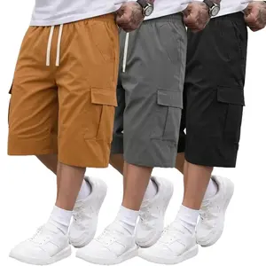 Men’s 3-Pack Menswear Baggy Knee-Length Wide-Leg Utility Cargo Shorts - Motocross Set, Stretch Lightweight Quick-Dry Breathable Summer Fabric, Drawstring Elastic Waistband, Multiple Side Flap Pockets, Black + Gray + Army Green