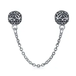 .925 Sterling Silver Double Daisy Safety Chain Floral Bouquet Clasp Stopper Bead Charm for Bracelet