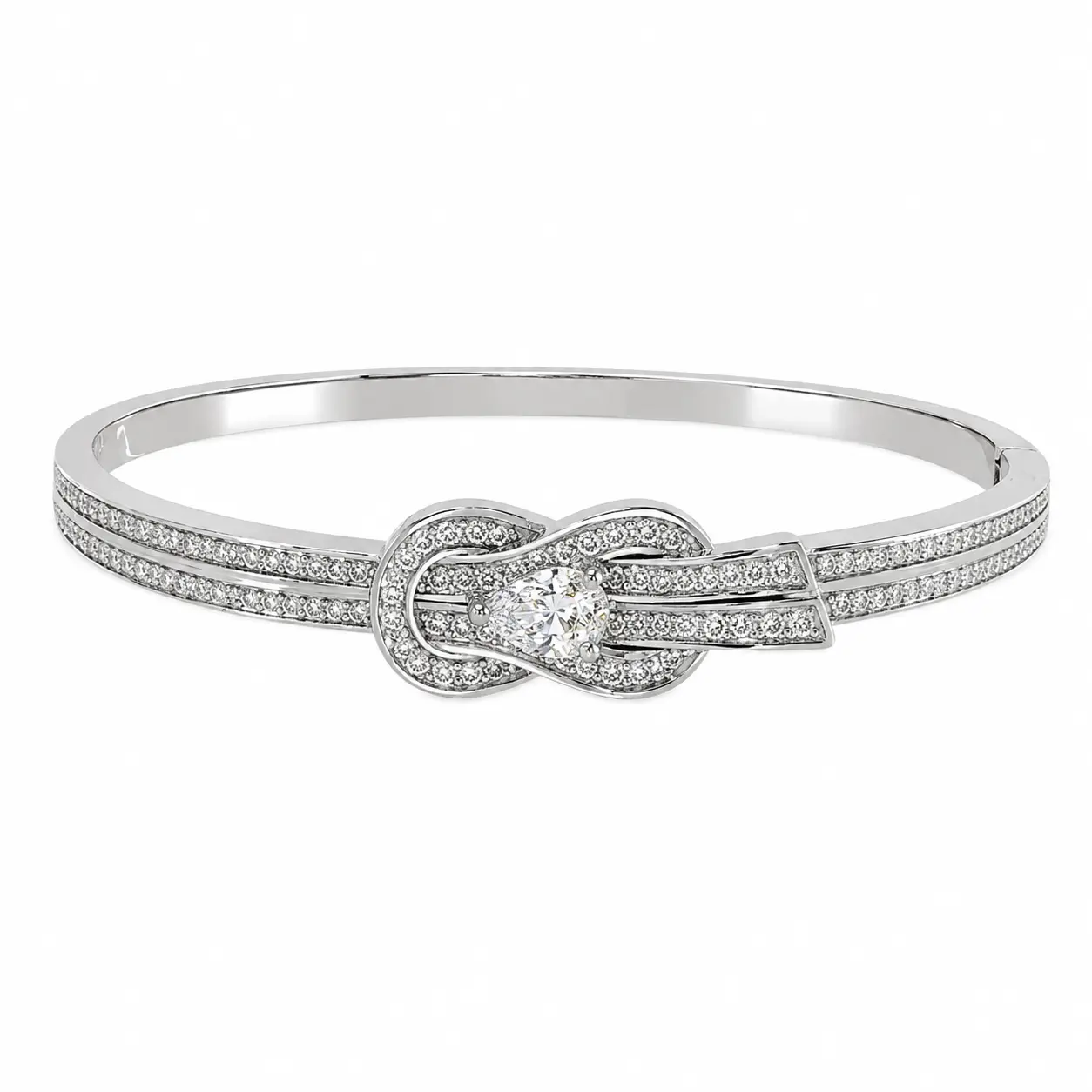 Women's Silver-Tone Double-Row Interlocking Loop Bangle Bracelet with Clear Round Center Accent, Alloy Fashion Jewelry