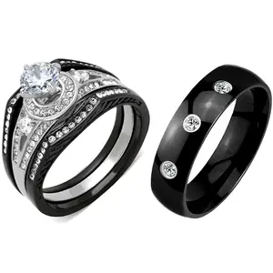 Lanyjewelry Unisex 4-Piece Hypoallergic Black IP Stainless Steel Stackable Rings Wedding Set - 6x6mm Prong-Set Round Cut Cubic Zirconia Engagement Ring, 3-CZ Band, Cubic Zirconia Rings, Rings Wedding Sets