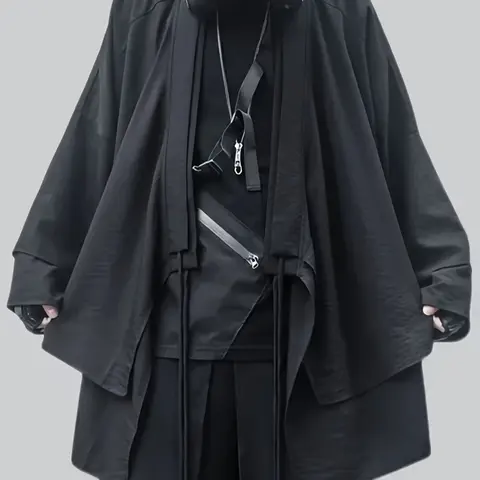 Men's Avant-Garde Black Kimono Jacket - Oversized Asymmetric Drawstring Loose Outerwear, Streetwear, Edgy Fashion Aesthetic Stylish Casual Street Style Piece for Urban Daily, Nightclub & Techwear Inspired Looks, Gifts for Men