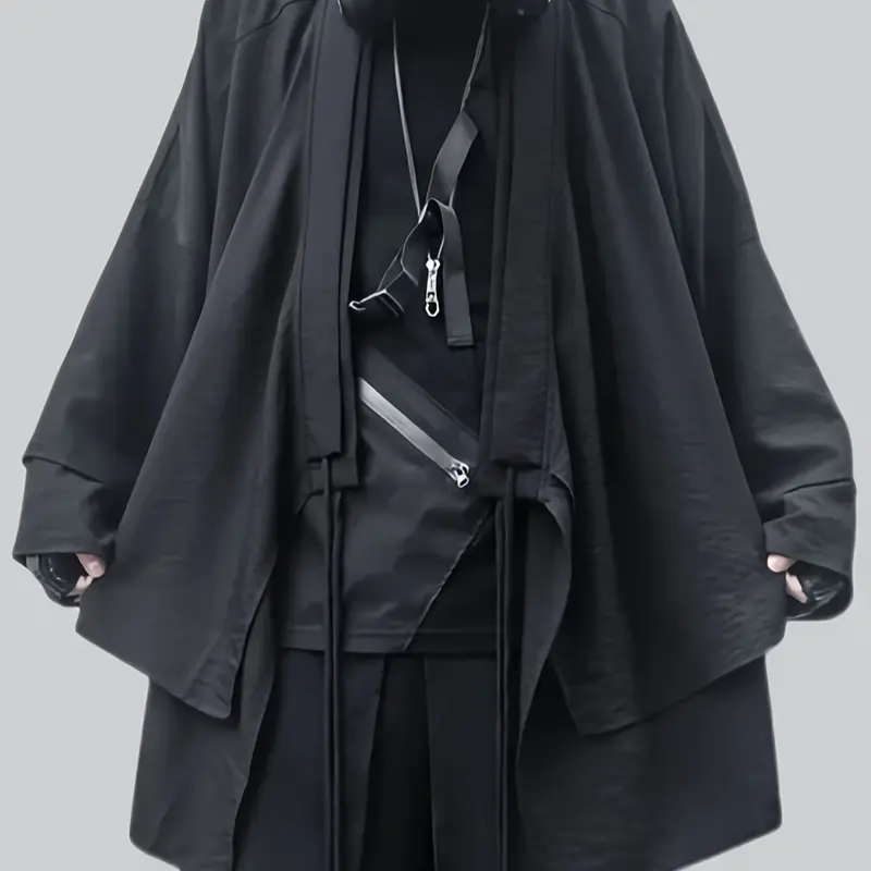 Men's Avant-Garde Black Kimono Jacket - Oversized Asymmetric Drawstring Loose Outerwear, Streetwear, Edgy Fashion Aesthetic Stylish Casual Street Style Piece for Urban Daily, Nightclub & Techwear Inspired Looks, Gifts for Men