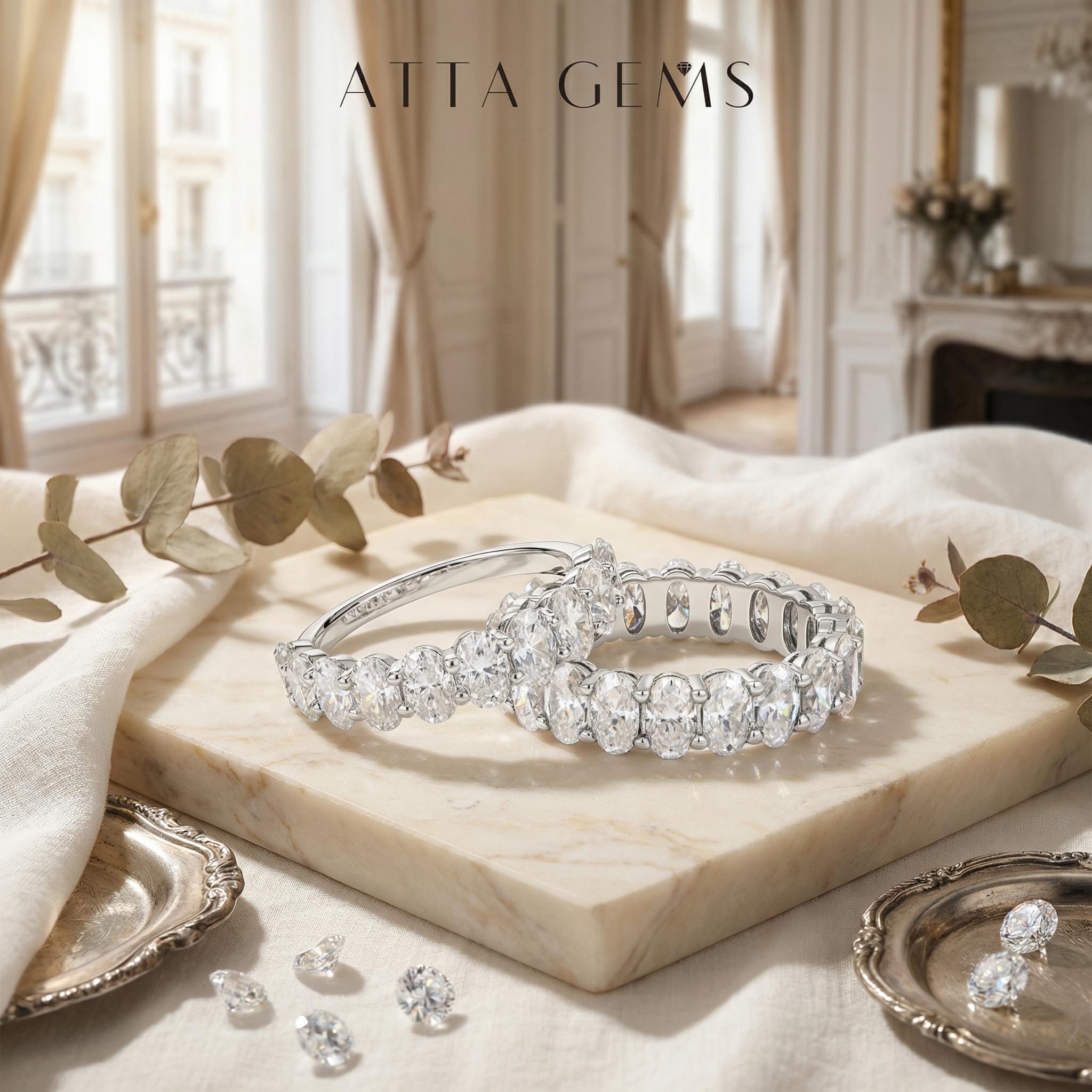 ATTAGEMS Oval Cut 1.8CT Half Eternity Band D VVS1 Synthetic Moissanite Ring for Women copper 14K Gold Plated Wedding Matching Band Fashion Jewelry Gift RU01