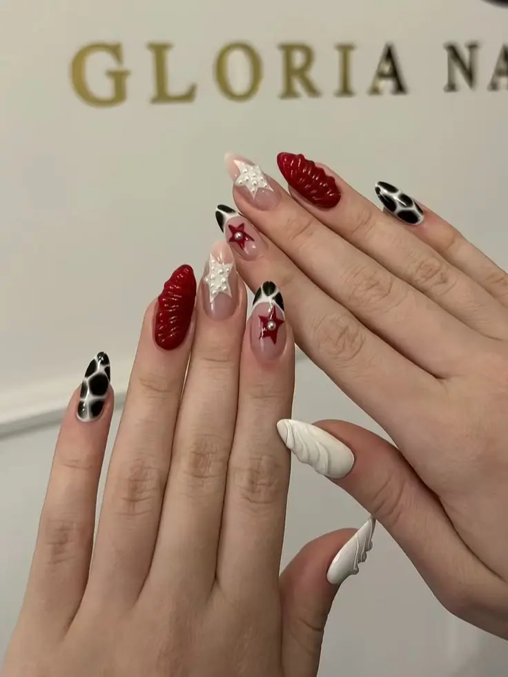 3D Burgundy Cow Print Press On Nails, Long Almond Red Black White Fake Nails with Star Pearl Accents, Glossy Textured Statement Nail Set, Nail Inspo