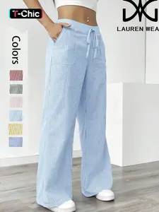 Women’s Striped Wide Leg Pants – High Waist Drawstring Casual Trousers with Pockets, Loose Fit Lightweight Comfy Lounge Pants for Summer and Fall, Soft Breathable Fabric, Ideal for Daily Wear, Home, Travel, or Relaxed Office Outfits