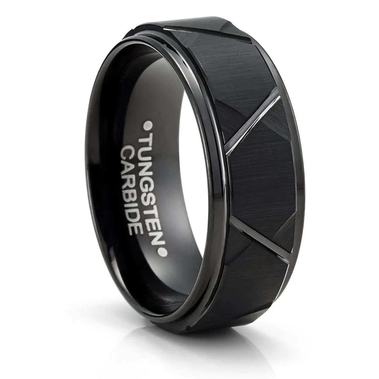 Men's Black Multi-Faceted Tungsten Wedding Band - 8MM Comfort-Fit, Elegant Fashion Rings, Ring Jewelry