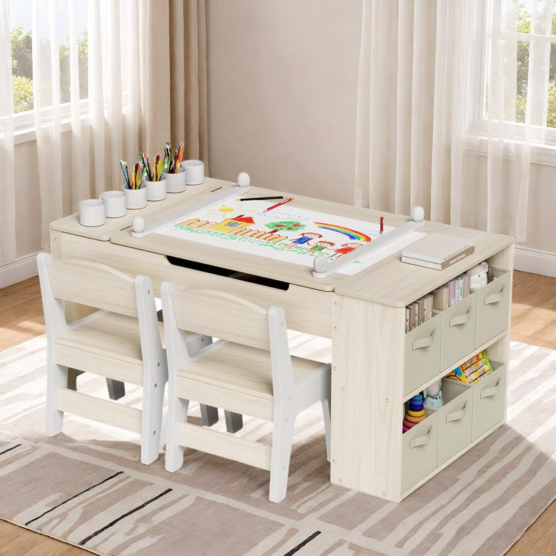 【TiktokShopStockUp】Arlopu 3 in 1 kids art table and chair set, kids art easel and wooden activity/craft table with 2 chairs, storage bins, paper roll, paint cups for Draw,play,crafts,read