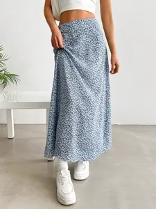 Women's Blue Floral Long Skirt, Boho Style, Loose-Fitting, All-Over Print, High-Waisted, Perfect for Summer, Casual & Beach Wear