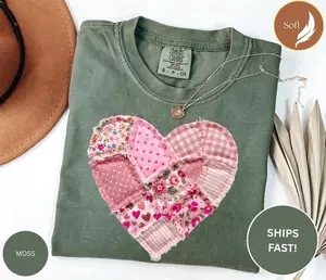 Valentine Patchwork Heart Shirt, Faux Patchwork Quilted Hearts Tee, Quilter Valentine Sweatshirt, Floral Gingham Sewing Lover Gift Patchwork Custom Name Shirt T-shirt