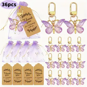 12 Sets 36 Pcs Butterfly Decorations Gift Keychain Acrylic Purple Keychains Brown Cards Organza Bags Perfect For Gender Reveal Birthdays Weddings