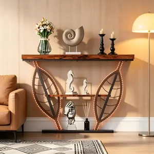 Leaf Pattern Entryway Console Table, 3-Tier Storage Structure, 30mm Thick Rustic Brown Tabletop with Industrial Metal Frame, Easy Assembly Narrow Accent Side Table, Space-Saving Design Ideal for Hallways, Entrances and Foyers
