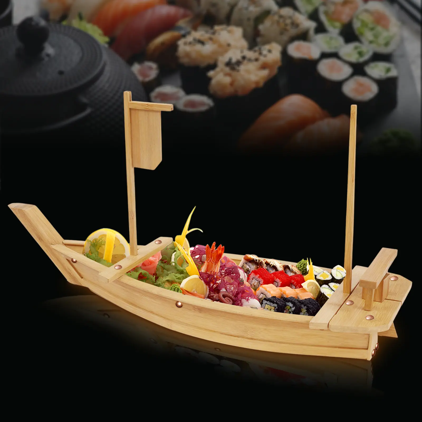CNCEST Large Natural Bamboo Boat-Shape Sushi Serving Tray - 13x7.9in/33x20cm, Carved Details, Elegant Sashimi Platter, Wooden Kitchenware with Screw Reinforcement, Includes Assembly Tools, Ideal Gift for Special Occasions (for Home & Restaurant Use)