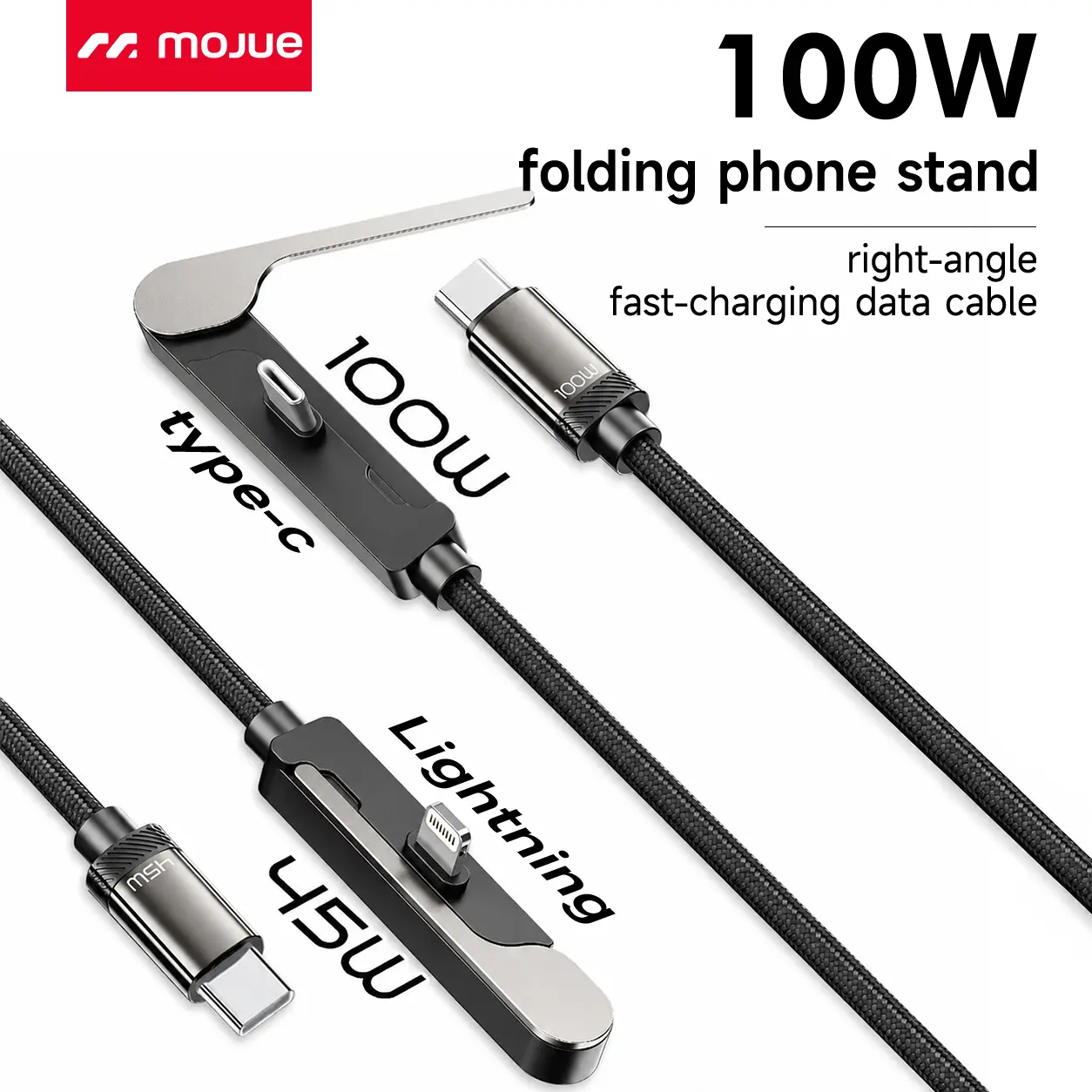 MOJUE 100W USB C Cable with Foldable Phone Stand, Right Angle Fast Charging Data Cable, 90 Degree Gaming Charging Cord, Nylon Braided Type C to Type C or Type C to LIghtning Cable for iPhones 11-17 ,Samsung, Tablets, Laptops, Black