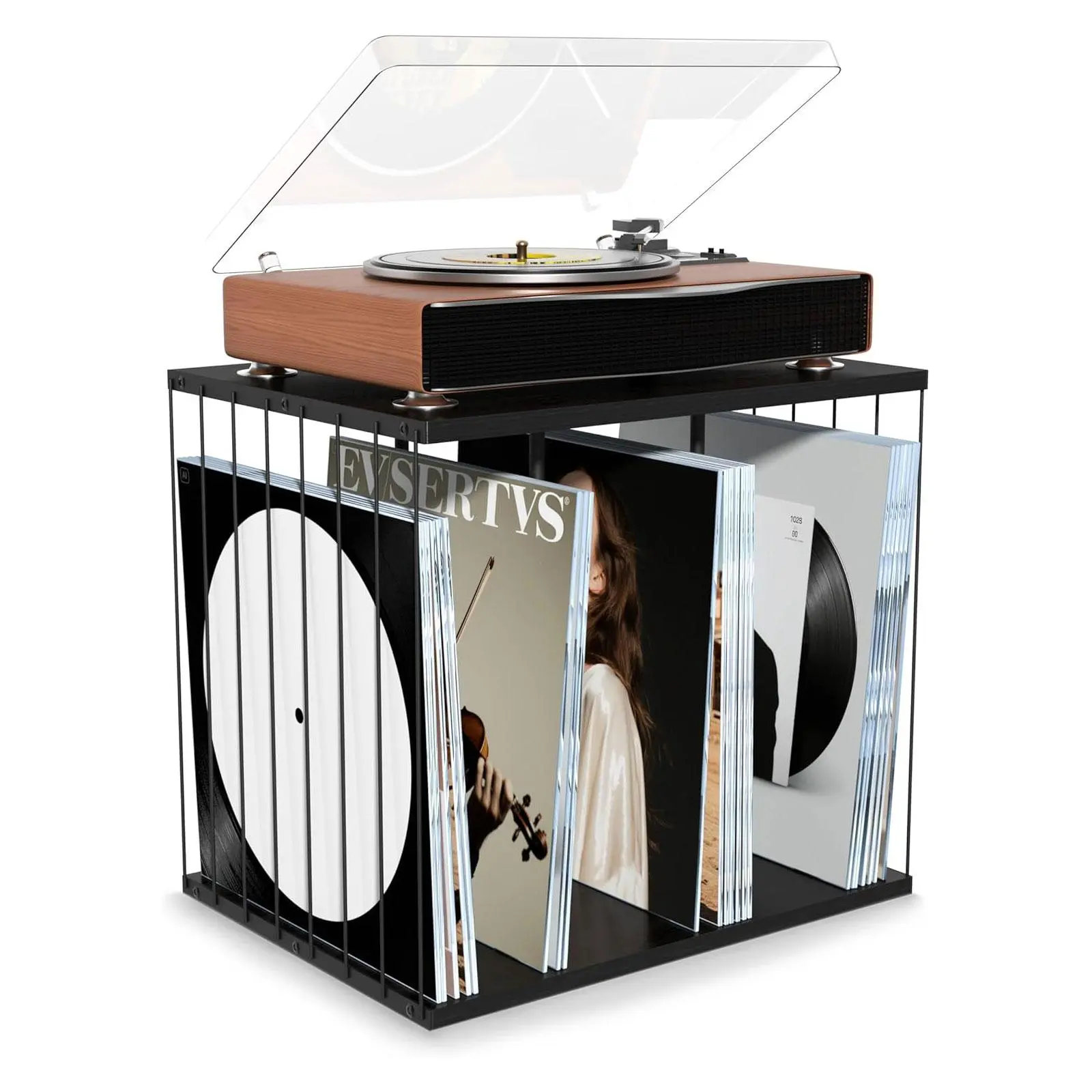 Emfogo Vinyl Record Storage Stand, 3-Compartment Metal & Wooden Record Player Stand, Up to 80 Albums, Turntable Table with Magazine, Book & File Storage, Black