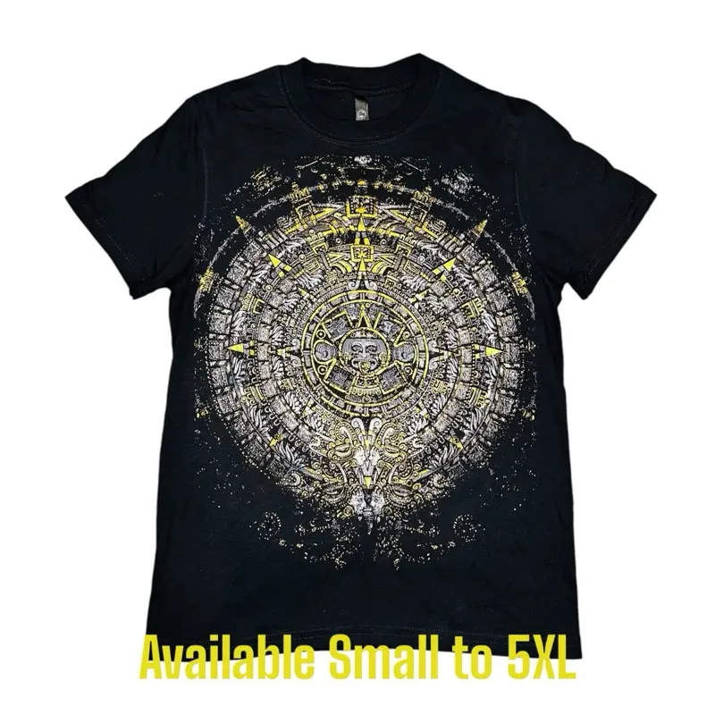 Aztec Calendar  Silver Color, Men's T-Shirt, Short Sleeve, Top Style - Streetwear Menswear Cultural,Casual