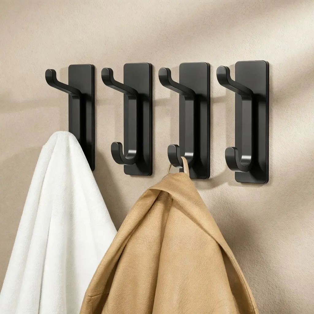 Black Adhesive Wall Hooks, 4-Pack Heavy-Duty Aluminum Interior Stick-On Door Hangers (13LB Capacity) for Coat, Towel, Bathroom Home Storage