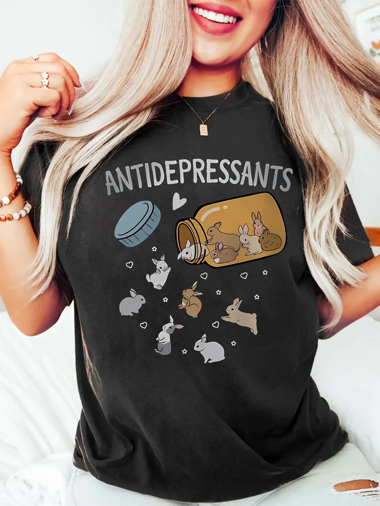 Women'S Cute Bunny Graphic T-Shirt - "Antidepressants" Print, Casual Crew Neck Short Sleeve Top, Black with Colorful Rabbit & Pill Design, Perfect Gift for Bunny Lovers, Spring/Summer Wear, Bunny Tshirt