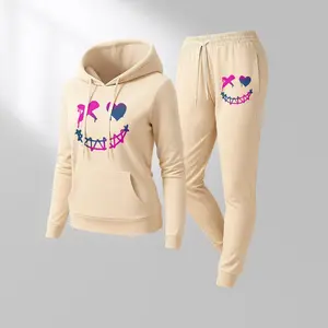 Women's Graffiti Smiley Print Hoodie and Drawstring Track Pants Set, Long Sleeve Hooded Sweatshirt and Jogger Outfit with Pockets, Casual 2 Piece Fall Winter Sportswear, Trendy Streetwear Tracksuit Set for Indoor Outdoor Daily Wear