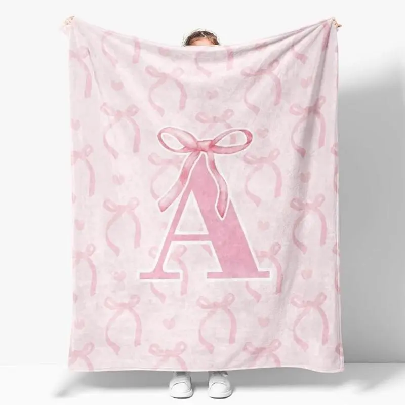 Single-sided Printing Customized Blanket Coquette Pink Bow Throw Blanket Personalized Initial A Soft Fluffy Cozy Flannel Blanket Monogrammed Gifts For Daughter Women Teen Girls For Bedding Bedroom Office