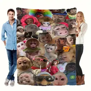 Playful Monkey Faces Fleece Blanket - Soft Warm All-Season Throw with Colorful Cartoon Monkeys in Fashion Glasses & Hats for Sofa, Bed, Camping, Travel, Ramadan & Eid al-Fitr Decor, Monkey Gifts, Camping Warmth, Vibrant Pattern, Flannel Fabric