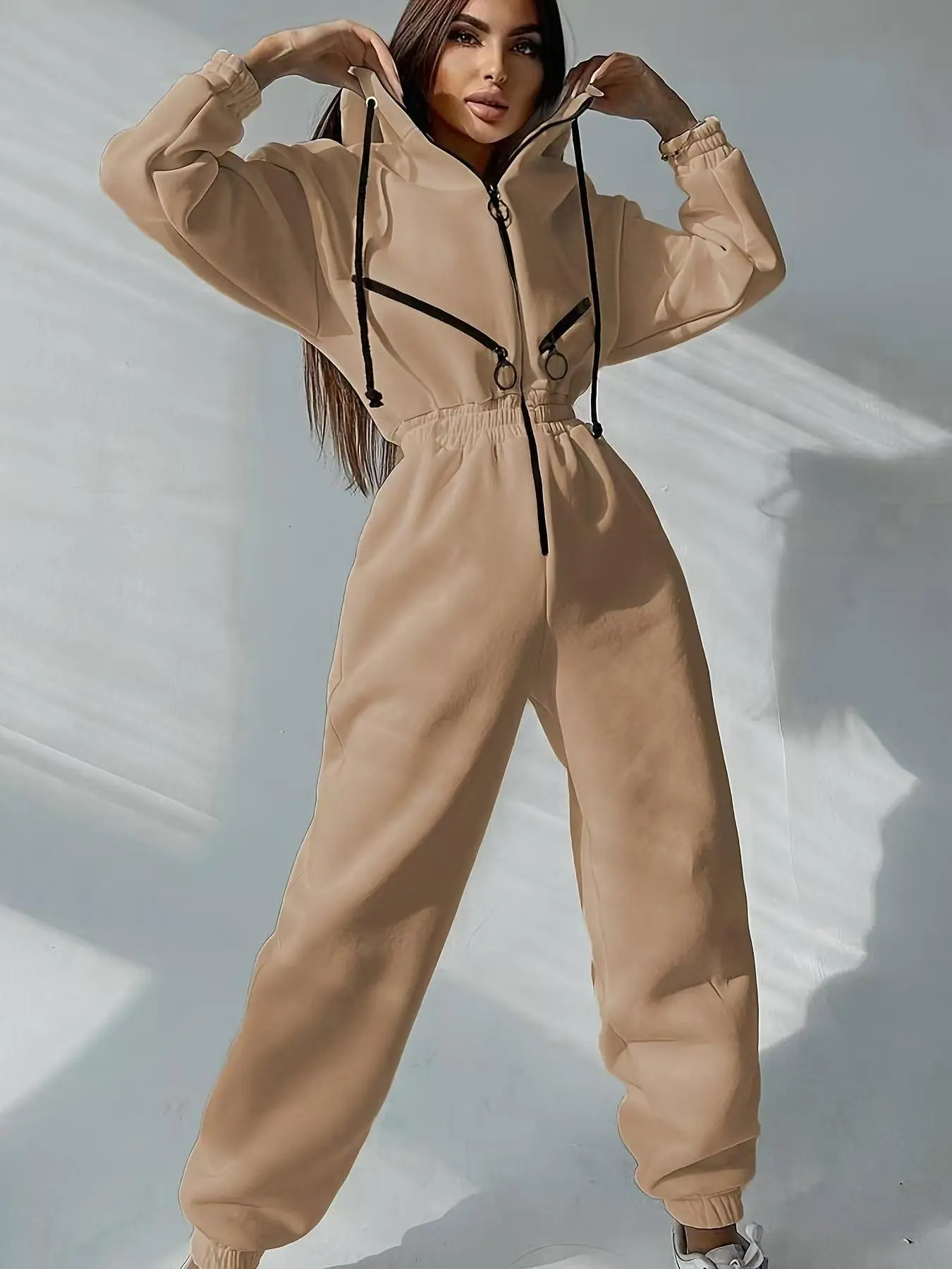 Women's Fitted Cut H-Type Solid Drop-Shoulder Drawstring Hooded Longsleeve Jumpsuit, Casual Zipper Overalls for Fall & Winter Daily Wear, Comfortable Bridal Womenswear Outfit