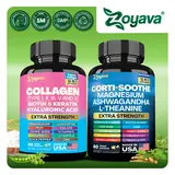 Shining Serenity Set - Zoyava Collagen & Cortisol All-in-One Dietary Supplement - Multivitamin Combo for Fitness & Healthcare with Extra Strength Ingredients - Made in USA