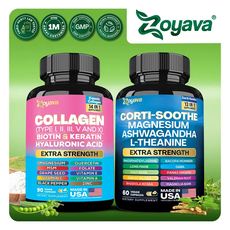 Shining Serenity Set - Zoyava Collagen & Cortisol All-in-One Dietary Supplement - Multivitamin Combo for Fitness & Healthcare with Extra Strength Ingredients - Made in USA