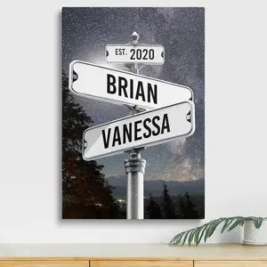 Personalized Vintage Street Sign Canvas for Couples Custom Name Date Crossroad Wall Art Wedding Anniversary Valentine’s Day New Year Christmas Custom Poster Glossy Hand Stretched Ornaments Room Decoration