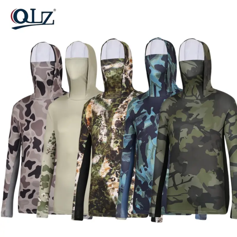 Men's 5-Piece Hunting Gear Set - Long Sleeve Synthetic Camouflage Hoodie with Built-in Mask, Fitted Unisex Fit, UV Protective, Breathable, All Seasons, for Hunting Season, Fishing, Outdoors, Equipment, Sports Outerwear