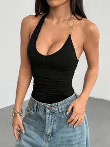 Elegant Sexy Backless Fitted Knit Lightweight Breathable Crop Top for Women, Womenswear, Perfect for Vacation Beach Daily Casual Party Shopping Summer Fashion Essential