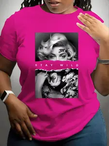 Plus Size Women's Casual Round Neck T-Shirt for Spring & Summer, Fitted Short Sleeve Top in Moderate Fabric, Stylish Everyday Wear