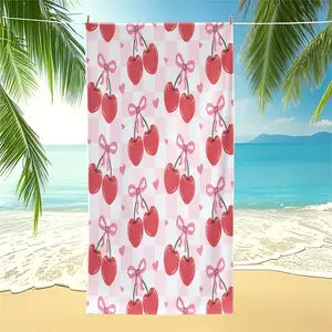 Cherry Bow Checkered Beach Towel, Cute Pink Heart Digital Print Pool Towel, Quick Dry Camping Towel, Soft Lightweight Bath Towel Blanket for Girls Teens Summer Beach Pool Travel
