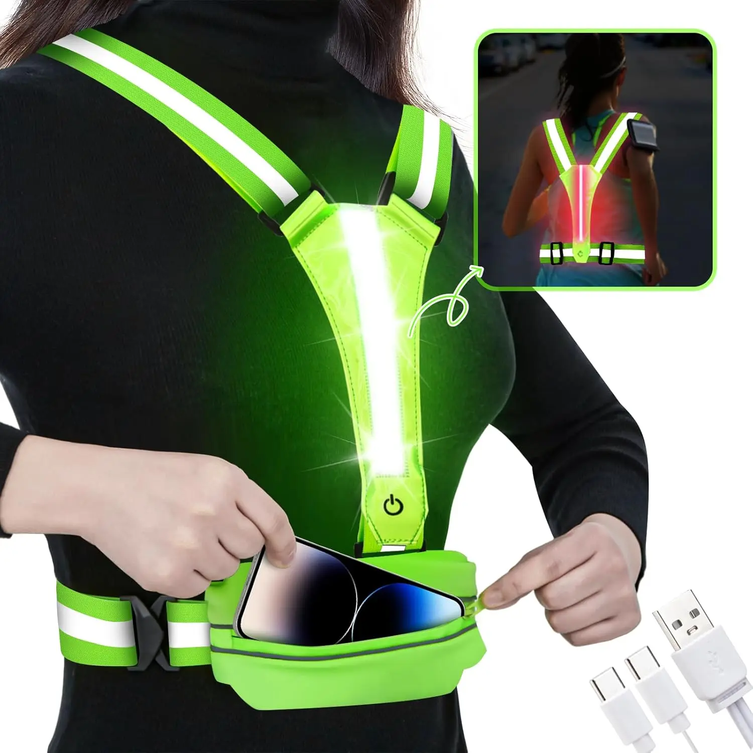Luminous Reflective Running Vest, Unisex High Visibility Harness with Rechargeable Front & Rear LED Lights for Safe Night Running, Storage, Waterproof, Biking, Running & Bike
