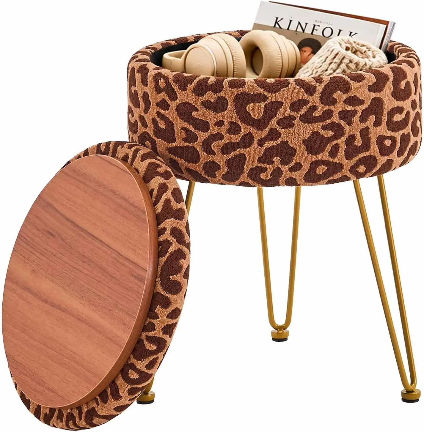 Round Ottoman with Storage Footstools Vanity Chair| Coffee Table Ottoman for Living Room (Coffee Brown)